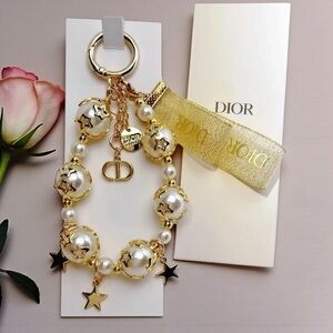 DIOR Beauty Gold Pearl Charm Keychain NIB